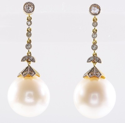 A PAIR OF SOUTH SEA PEARL AND DIAMOND EARRINGS