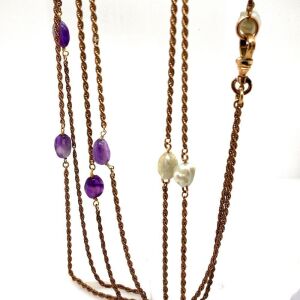 AN AMETHYST AND BLISTER PEARL GUARD CHAIN