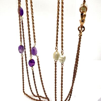 AN AMETHYST AND BLISTER PEARL GUARD CHAIN