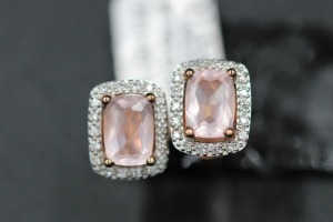 A PAIR OF ROSE QUARTZ AND DIAMOND EARRINGS