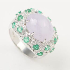 A LAVENDER JADE, EMERALD AND DIAMOND DRESS RING