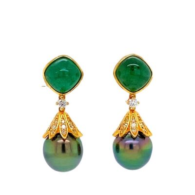 A PAIR OF EMERALD, TAHITIAN PEARL AND DIAMOND EARRINGS