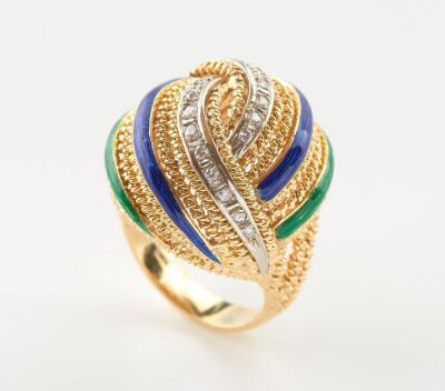 A VINTAGE BLUE AND GREEN ENAMEL DRESS RING
